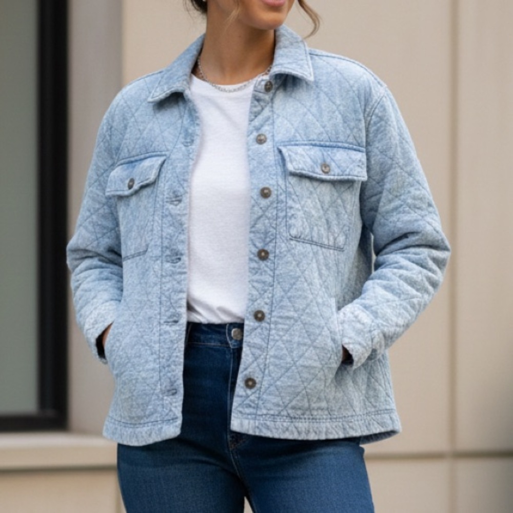 Light Blue Quilted Women's Jacket - Casual Button-Up Coat